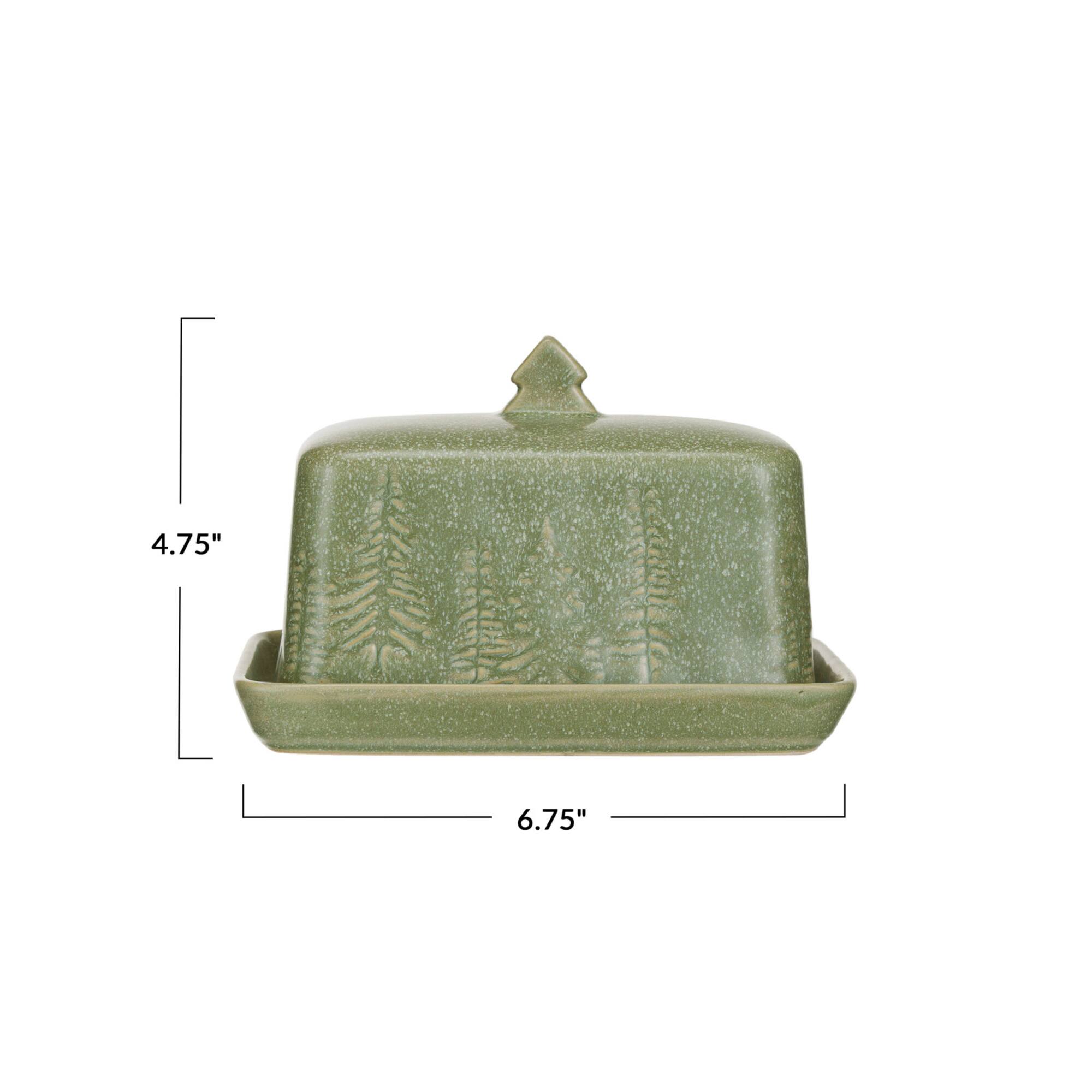 Hello Honey® 6.75" Green Tree Debossed Stoneware Butter Dish with Reactive Glaze Finish